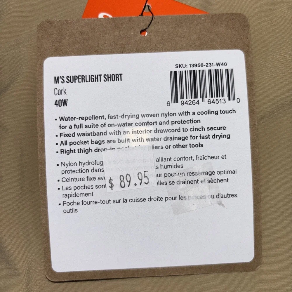 Simms Fishing Superlight Shorts Men's 40‎ Cork Tan Stretch Waist Golf UPF 50